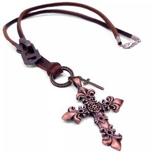 Bronze Cross Leather Strap Charm Pendant Necklace 0025